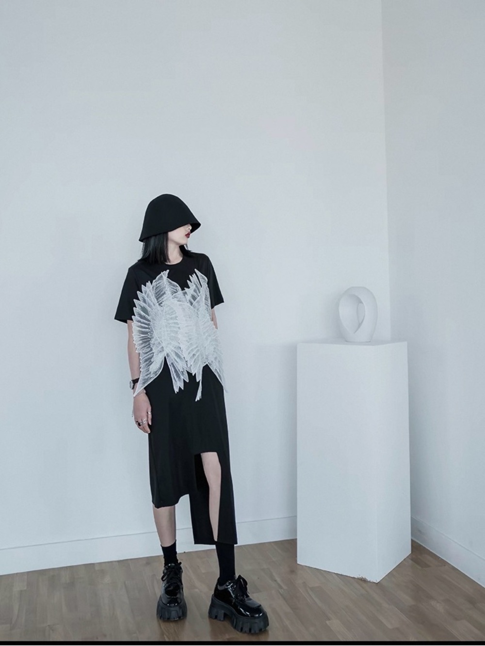Black Graphic Midi Dress with White Feather Print